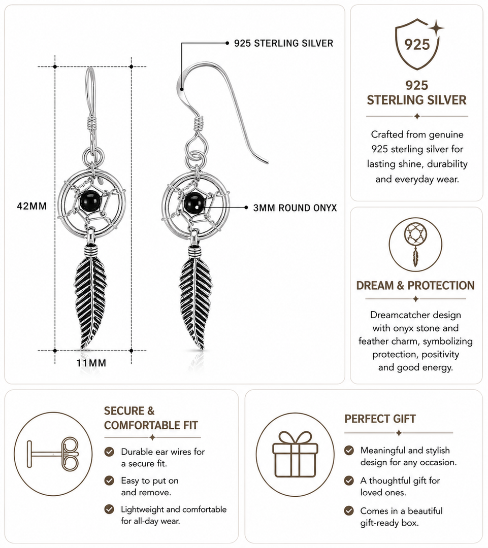 925 Sterling Silver Dream Catcher Earrings, Onyx Dream Catcher Feather Earrings, Dream Catcher Earrings, Bohemian Free Spirit Jewelry, Oxidize  Dangle Jewelry, Fish Hook Earrings, Hypoallergenic Earrings