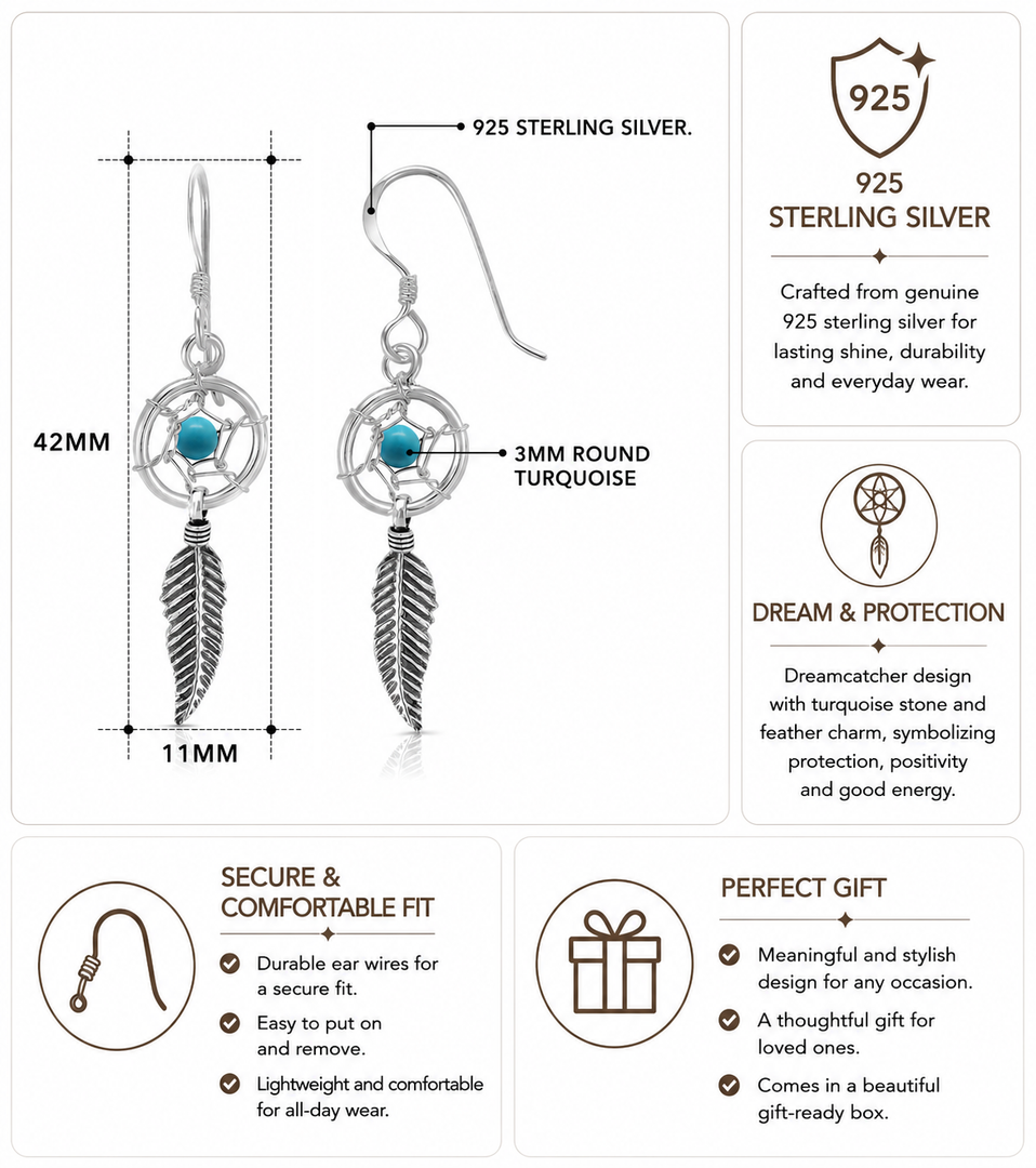 925 Sterling Silver Dream Catcher Earrings, Dream Catcher Earrings, Turquoise Dream Catcher Feather Earrings, Dream Catcher Earrings, Oxidize Feather Earrings, Silver Feather Earrings, Fish Hook Dangle Earrings, Hypoallergenic Earrings