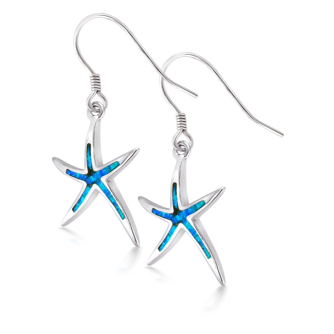 925 Sterling Silver Blue Opal Dangle Earrings, Starfish Earrings, Starfish Dangle Earrings, Sea Life Earrings, Silver Earrings, Blue Opal Earrings, Fish Hook Dangle Earrings, Hypoallergenic Earrings,  Lab Created Opal Earrings