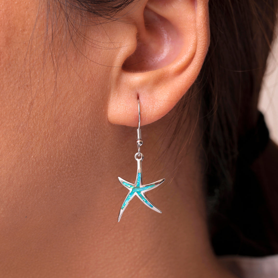 925 Sterling Silver Blue Opal Dangle Earrings, Starfish Earrings, Starfish Dangle Earrings, Sea Life Earrings, Silver Earrings, Blue Opal Earrings, Fish Hook Dangle Earrings, Hypoallergenic Earrings,  Lab Created Opal Earrings