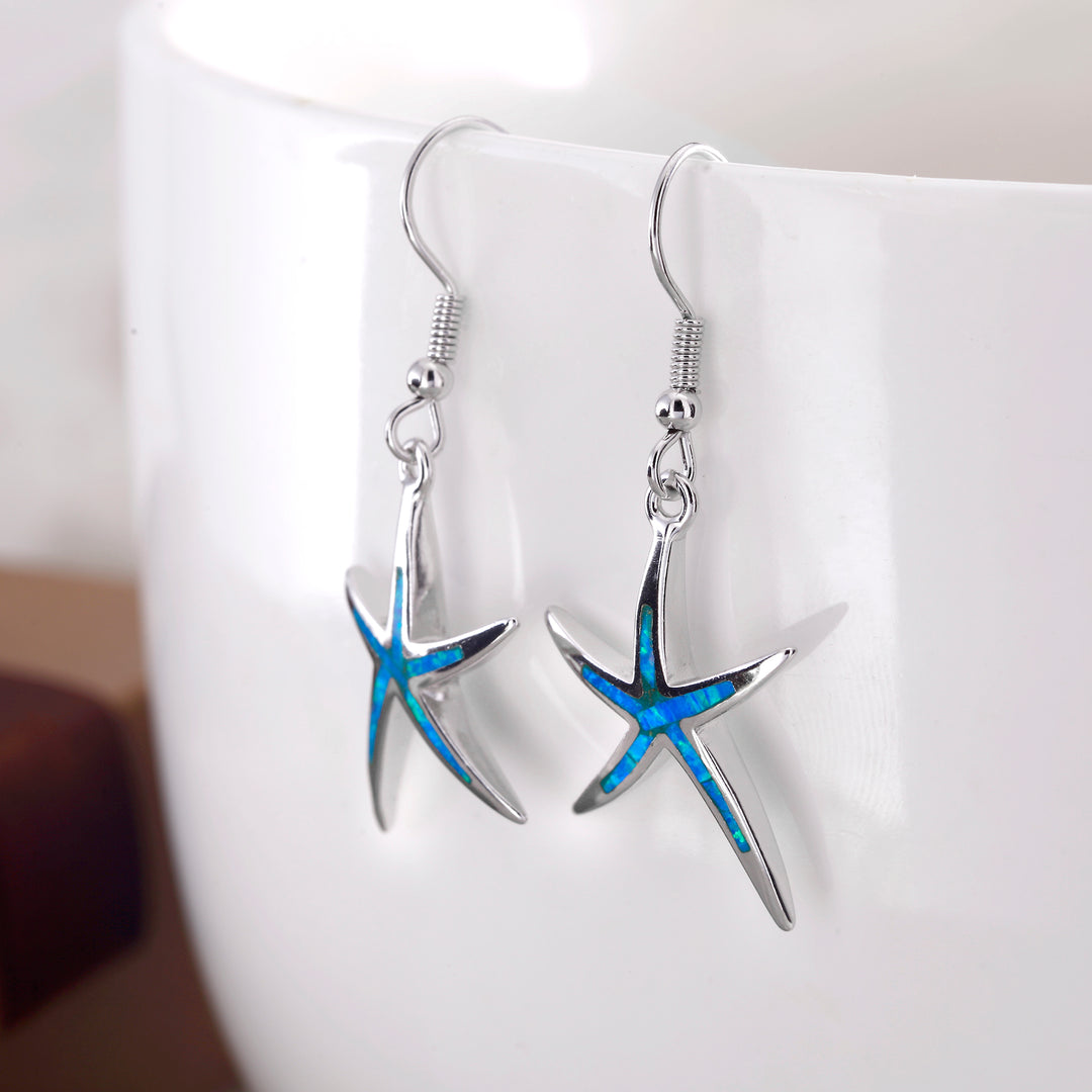 925 Sterling Silver Blue Opal Dangle Earrings, Starfish Earrings, Starfish Dangle Earrings, Sea Life Earrings, Silver Earrings, Blue Opal Earrings, Fish Hook Dangle Earrings, Hypoallergenic Earrings,  Lab Created Opal Earrings