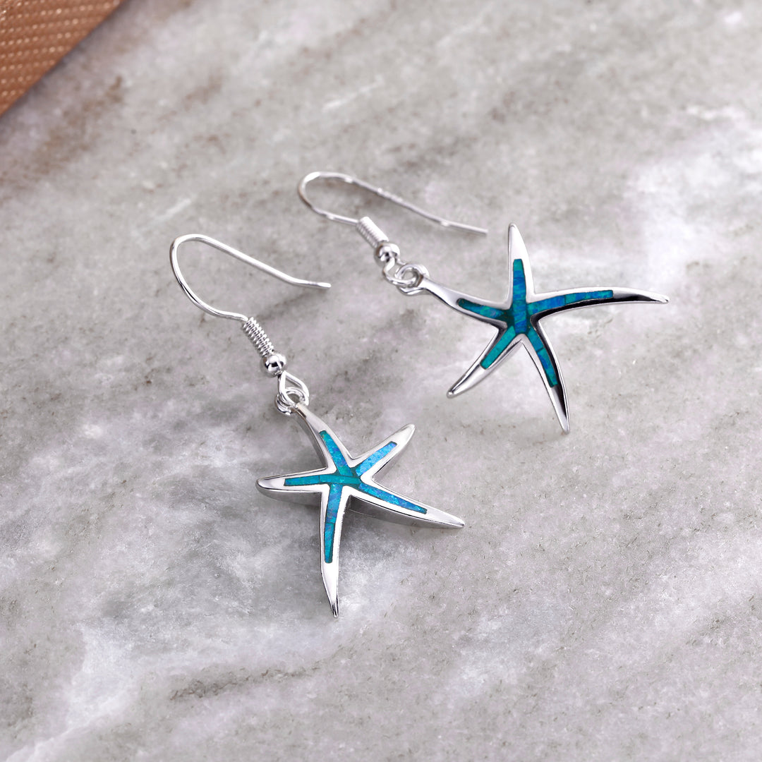 925 Sterling Silver Blue Opal Dangle Earrings, Starfish Earrings, Starfish Dangle Earrings, Sea Life Earrings, Silver Earrings, Blue Opal Earrings, Fish Hook Dangle Earrings, Hypoallergenic Earrings,  Lab Created Opal Earrings