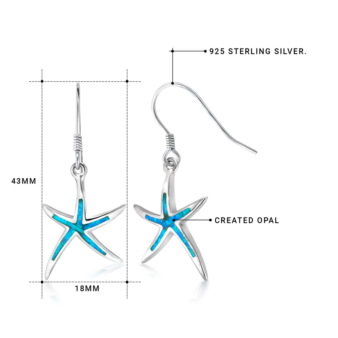 925 Sterling Silver Blue Opal Dangle Earrings, Starfish Earrings, Starfish Dangle Earrings, Sea Life Earrings, Silver Earrings, Blue Opal Earrings, Fish Hook Dangle Earrings, Hypoallergenic Earrings,  Lab Created Opal Earrings