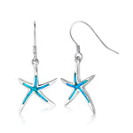 Load image into Gallery viewer, 925 Sterling Silver Blue Opal Dangle Earrings, Starfish Earrings, Starfish Dangle Earrings, Sea Life Earrings, Silver Earrings, Blue Opal Earrings, Fish Hook Dangle Earrings, Hypoallergenic Earrings,  Lab Created Opal Earrings
