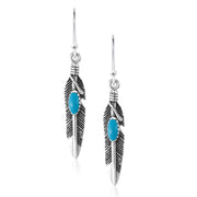 925 Sterling Silver Feather Oval Blue Turquoise Earrings, Blue Oval Turquoise Earrings, Turquoise Feather Earrings, Oxidize Feather Earring, Oxidize Jewelry, Fish Hook Earrings, Dangle Earrings, Hypoallergenic Feather Earrings