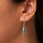 Load image into Gallery viewer, 925 Sterling Silver Feather Oval Blue Turquoise Earrings, Blue Oval Turquoise Earrings, Turquoise Feather Earrings, Oxidize Feather Earring, Oxidize Jewelry, Fish Hook Earrings, Dangle Earrings, Hypoallergenic Feather Earrings