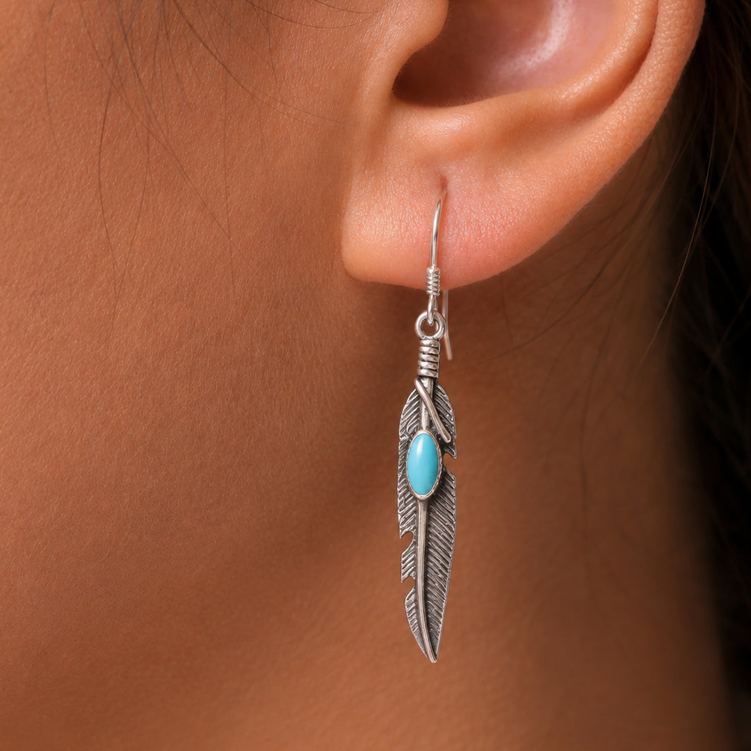 925 Sterling Silver Feather Oval Blue Turquoise Earrings, Blue Oval Turquoise Earrings, Turquoise Feather Earrings, Oxidize Feather Earring, Oxidize Jewelry, Fish Hook Earrings, Dangle Earrings, Hypoallergenic Feather Earrings