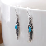 Load image into Gallery viewer, 925 Sterling Silver Feather Oval Blue Turquoise Earrings, Blue Oval Turquoise Earrings, Turquoise Feather Earrings, Oxidize Feather Earring, Oxidize Jewelry, Fish Hook Earrings, Dangle Earrings, Hypoallergenic Feather Earrings