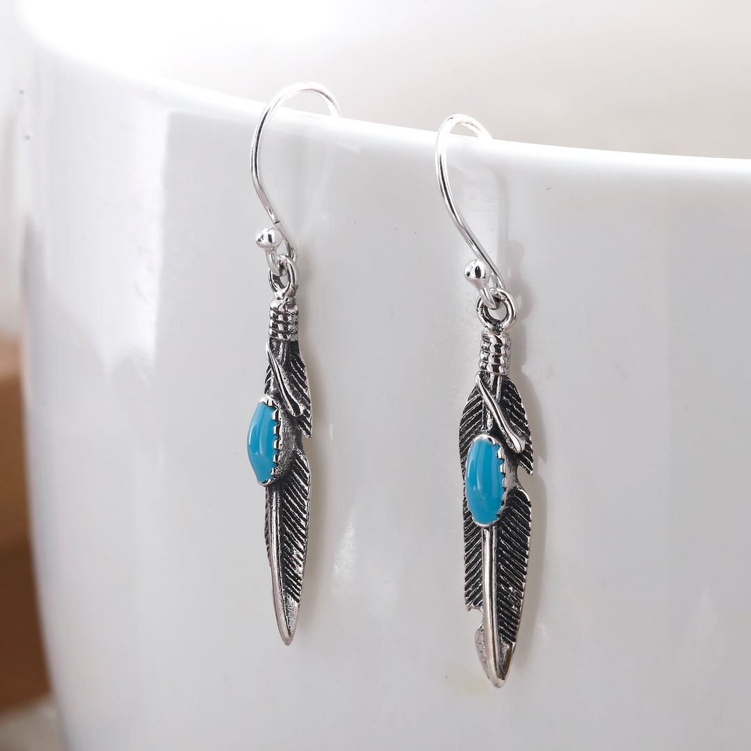 925 Sterling Silver Feather Oval Blue Turquoise Earrings, Blue Oval Turquoise Earrings, Turquoise Feather Earrings, Oxidize Feather Earring, Oxidize Jewelry, Fish Hook Earrings, Dangle Earrings, Hypoallergenic Feather Earrings