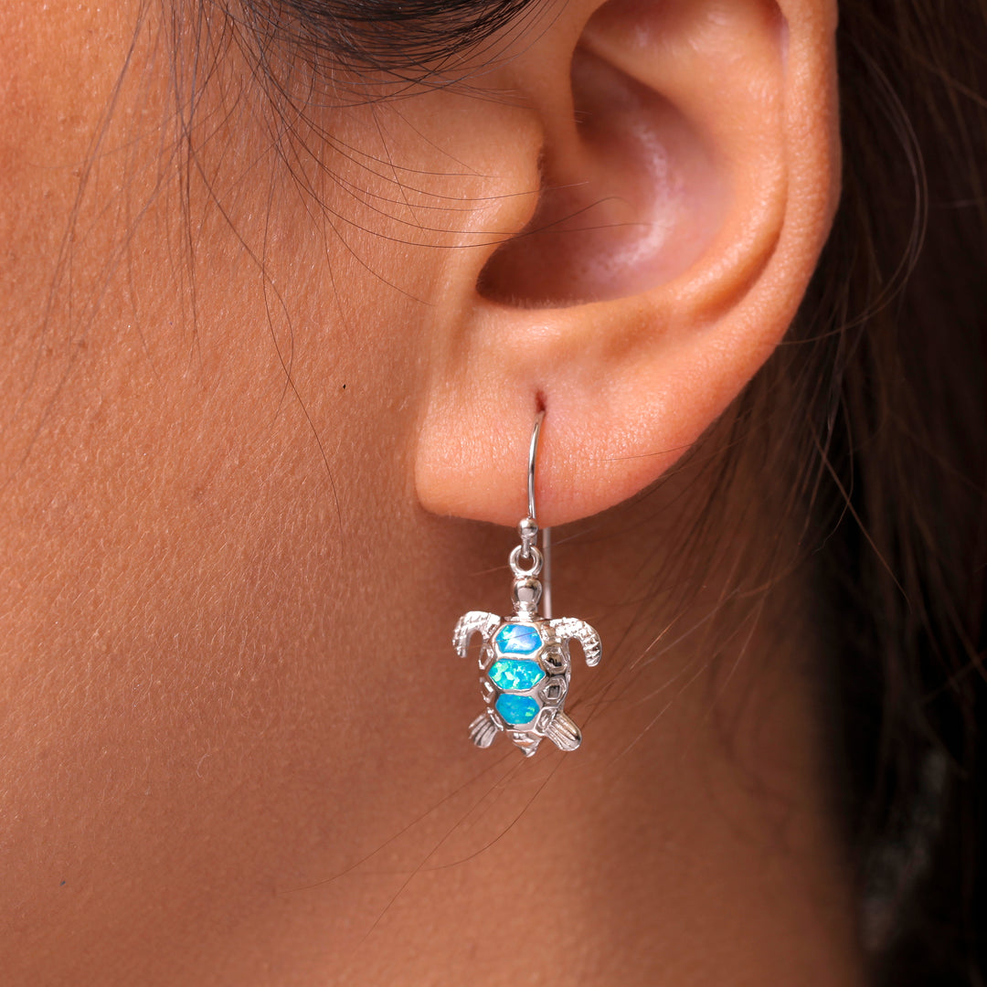 925 Sterling Silver Blue Opal Turtle Earrings, Turtle Dangle Earrings, Blue Opal Turtle Earrings, Fish Hook Turtle Earrings, Simulated Opal Dangle Earrings, Hypoallergenic Earrings