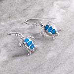 Load image into Gallery viewer, 925 Sterling Silver Blue Opal Turtle Earrings, Turtle Dangle Earrings, Blue Opal Turtle Earrings, Fish Hook Turtle Earrings, Simulated Opal Dangle Earrings, Hypoallergenic Earrings
