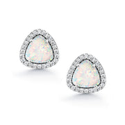 925 Sterling Silver Trianlge Opal Halo Earrings, Opal Halo Stud Earrings, Silver Opal Triangle Earrings, Simulated White Opal Stud Earrings, Hypoallergenic Studs