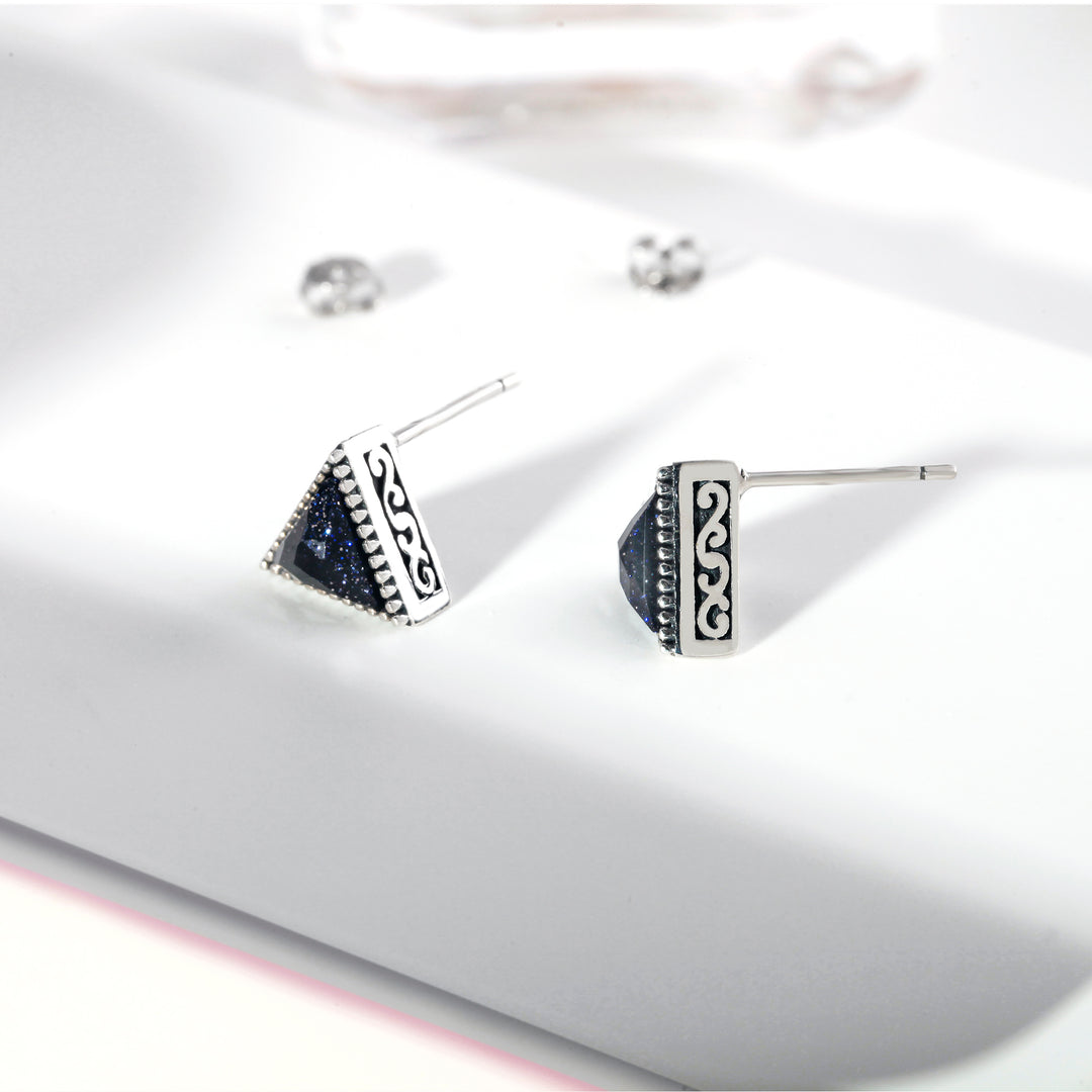 925 Sterling Silver Triangle Navy Blue Goldstone Studs Earrings, Triangle Studs, Oxidize Triangle Studs, Silver Triangle Studs, Blue Stone Studs, Silver Studs