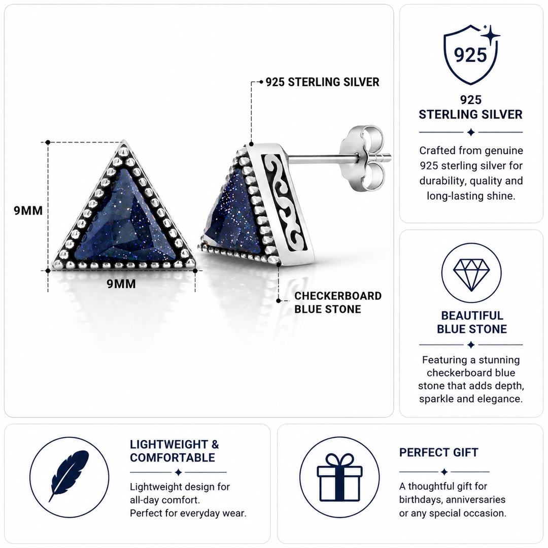 925 Sterling Silver Triangle Navy Blue Goldstone Studs Earrings, Triangle Studs, Oxidize Triangle Studs, Silver Triangle Studs, Blue Stone Studs, Silver Studs