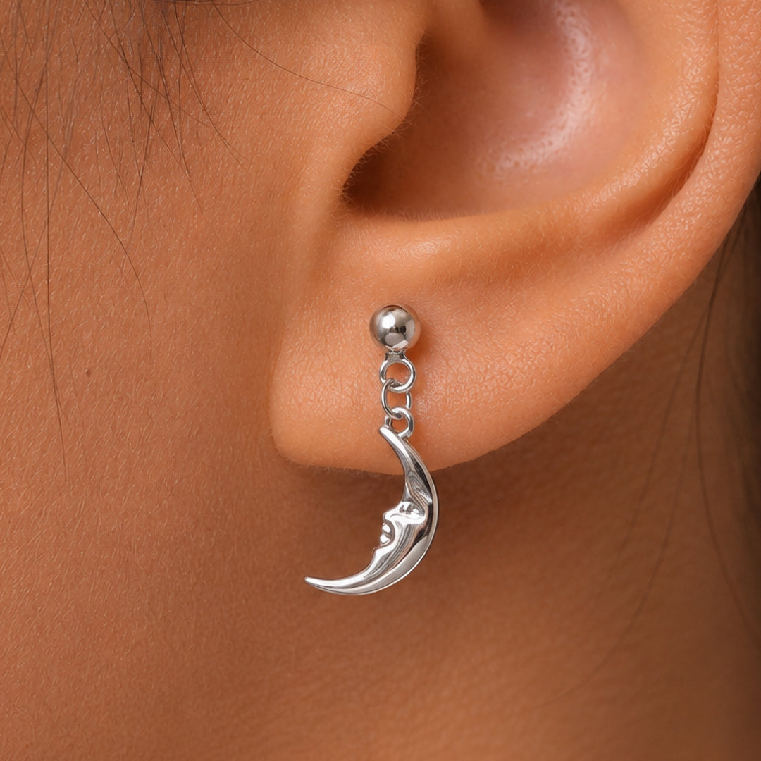 925 Sterling Silver Charming Crescent Moon Face Silver Dangle Earrings, Moon Earrings, Space Earrings, Crescent Moon Earrings, Celestial Earrings, Moon Dangle Earrings, Hypoallergenic Earrings