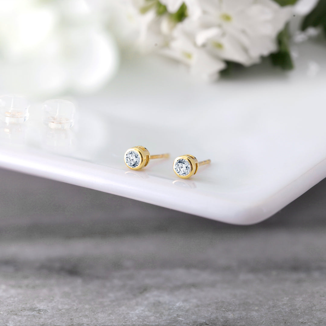 14K Solid Yellow Gold Bezel- Set Stud Earrings, Cz Bezel Stud Earrings, Bezel Stud Earrings, Classic Gold Studs, Friction Back Studs