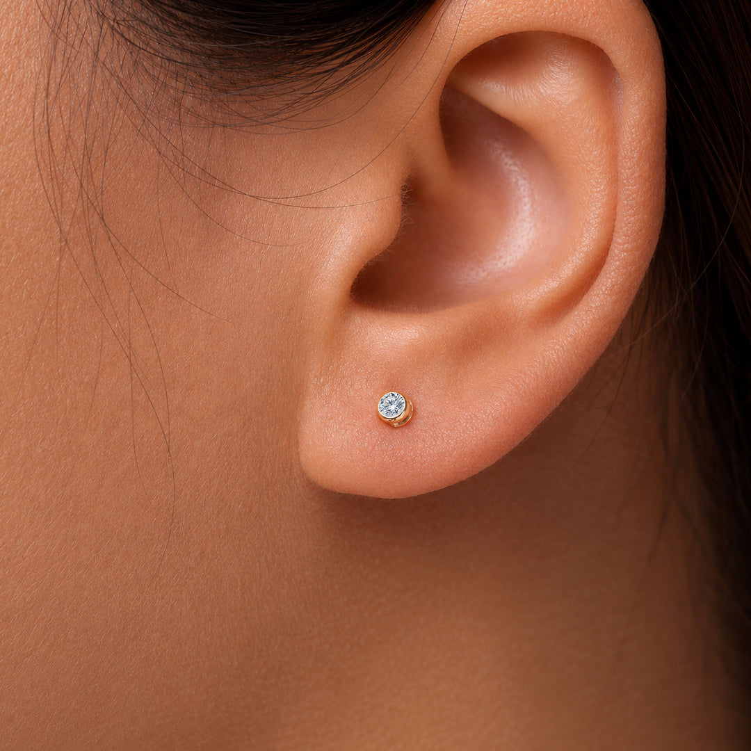 14K Solid Yellow Gold Bezel- Set Stud Earrings, Cz Bezel Stud Earrings, Bezel Stud Earrings, Classic Gold Studs, Friction Back Studs