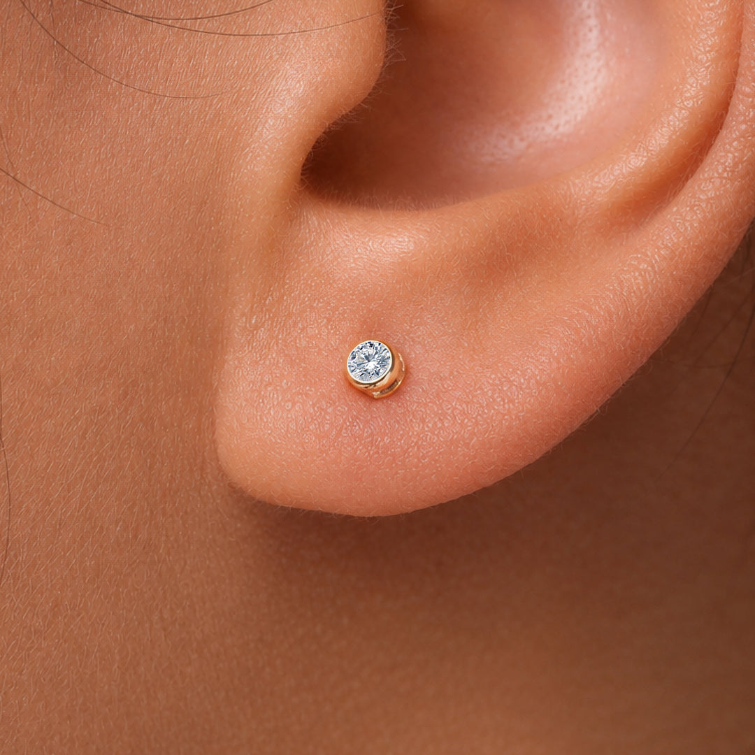 14K Solid Yellow Gold Bezel- Set Stud Earrings, Cz Bezel Stud Earrings, Bezel Stud Earrings, Classic Gold Studs, Friction Back Studs