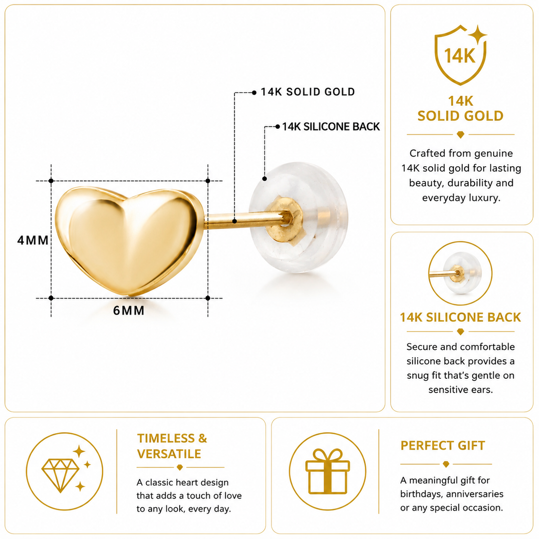 14K Solid Yellow Gold Heart Studs, Heart Studs Earrings, Dainty Heart Studs,Tiny Studs, Puff Heart Studs