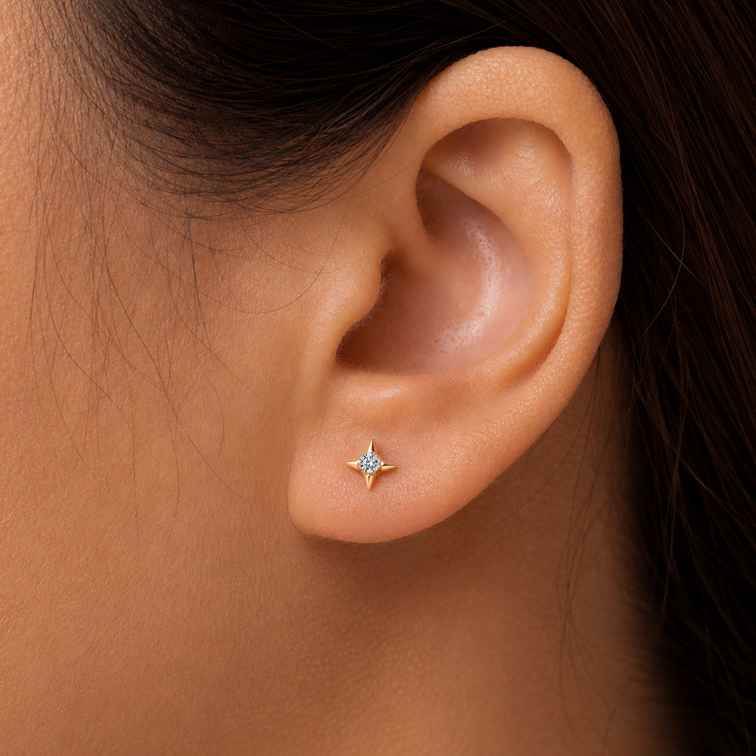 14K Solid Yellow Gold Cz North Star Studs, Cz Studs, Dainty Studs, Tiny Studs, Cz Star Studs, Gold Star Studs