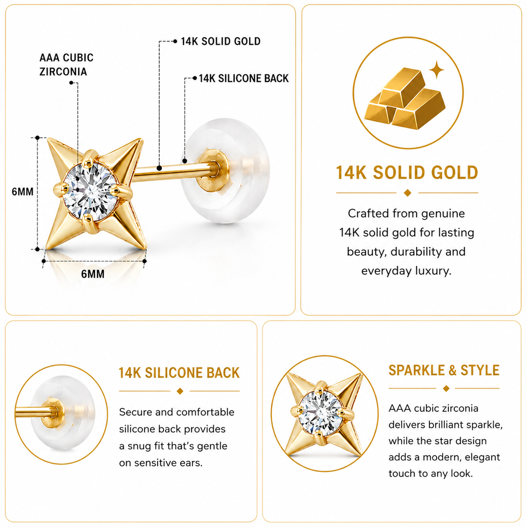 14K Solid Yellow Gold Cz North Star Studs, Cz Studs, Dainty Studs, Tiny Studs, Cz Star Studs, Gold Star Studs