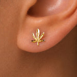 Load image into Gallery viewer, 14K Yellow Gold Leaf Stud Earrings, Cannabis Stud Earrings, Leaf Jewelry, Dainty Studs, Tiny Studs, Friction Studs
