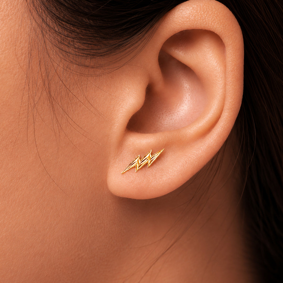14K Solid Yellow Gold Thunderbolt Earrings, Lightning Bolt Stud Earrings, Sparkle Earrings, Flash Light Earrings, Tiny Studs, Dainty Gold Studs