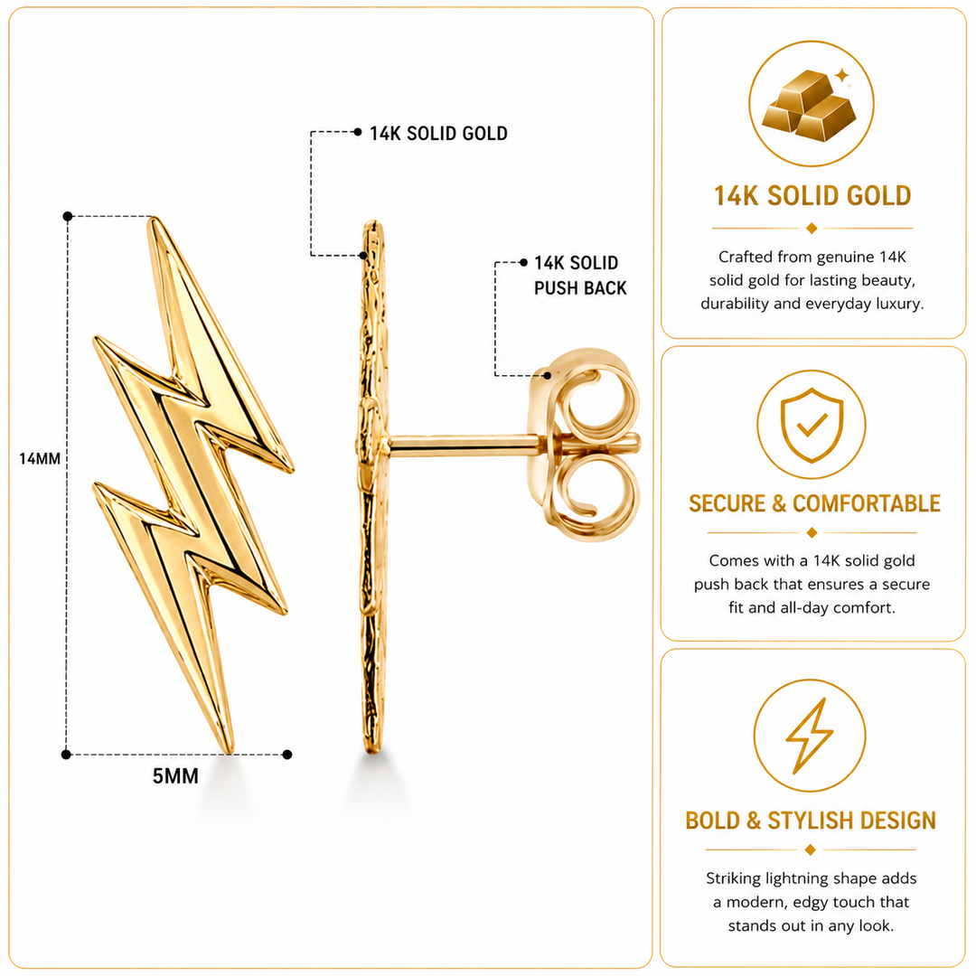 14K Solid Yellow Gold Thunderbolt Earrings, Lightning Bolt Stud Earrings, Sparkle Earrings, Flash Light Earrings, Tiny Studs, Dainty Gold Studs