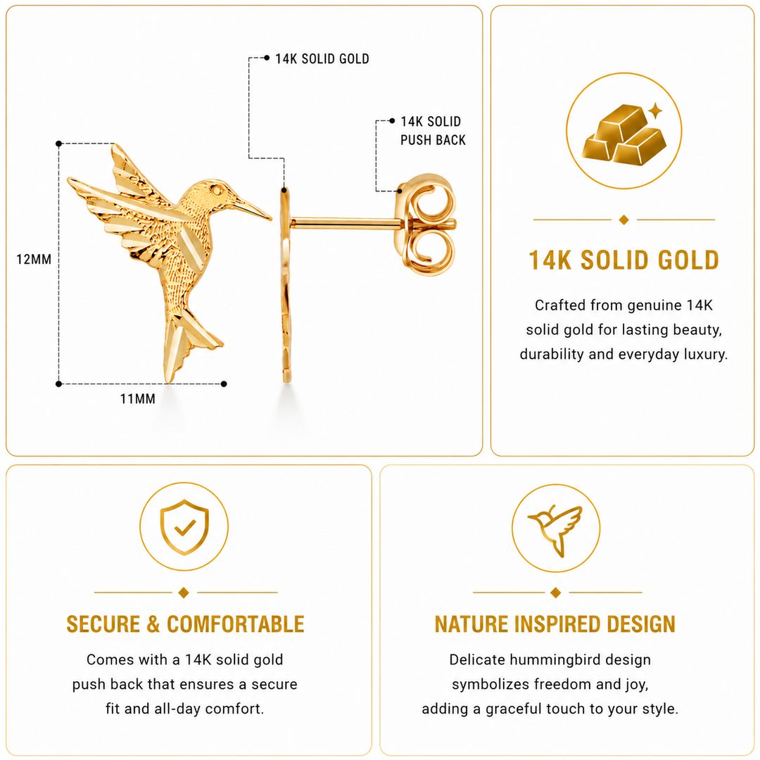 14K Gold  Hummingbird Stud Earrings,  Gold Hummingbird Stud Earrings, Origami Bird Studs, Bird stud Earrings, Bird Jewelry