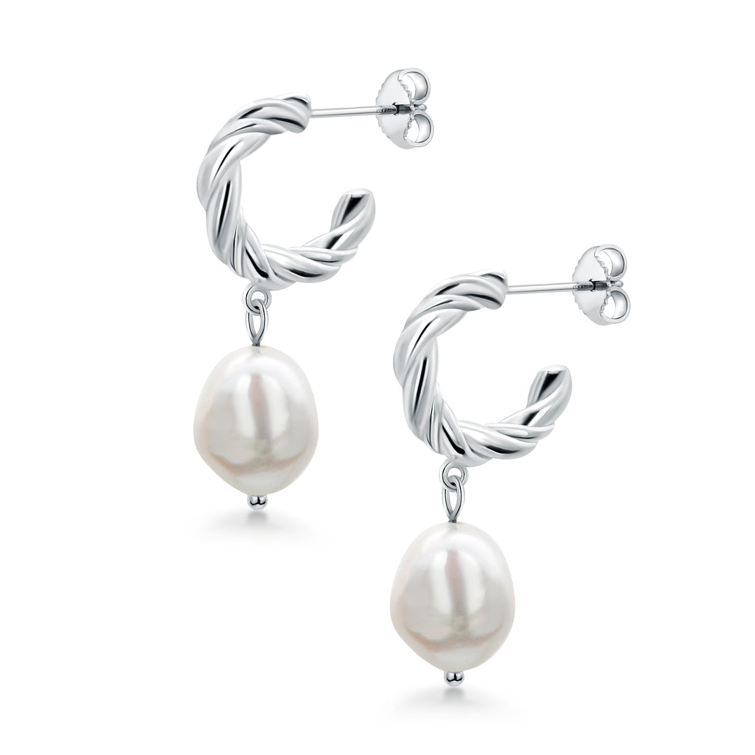 Silver Twisted Pearl Hoops, Chunky Twisted Hoops, Dangle Earrings, Pearl Dangle Earrings, Pearl Hoop Earrings