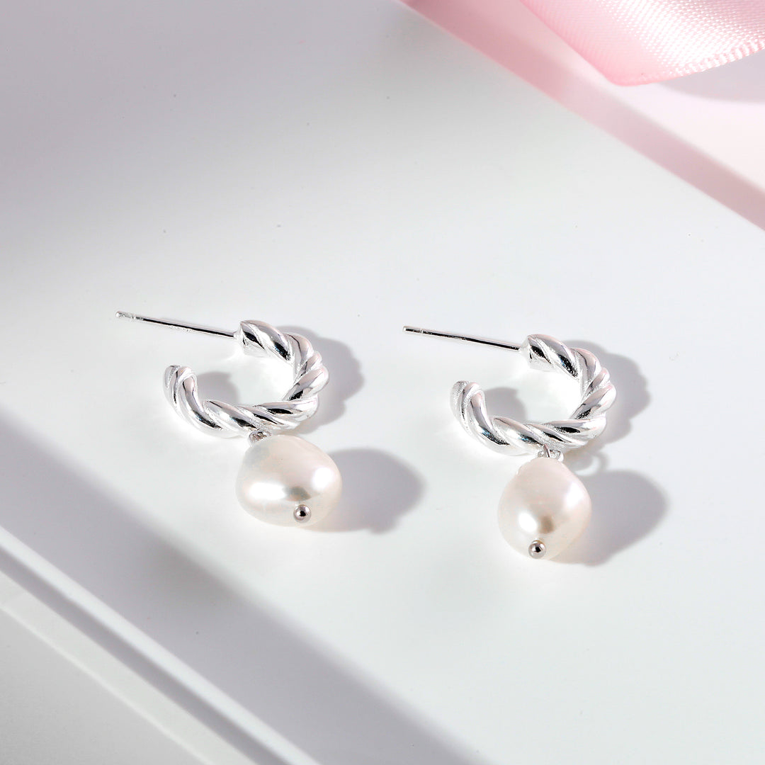 Silver Twisted Pearl Hoops, Chunky Twisted Hoops, Dangle Earrings, Pearl Dangle Earrings, Pearl Hoop Earrings