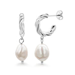 Load image into Gallery viewer, Silver Twisted Pearl Hoops, Chunky Twisted Hoops, Dangle Earrings, Pearl Dangle Earrings, Pearl Hoop Earrings
