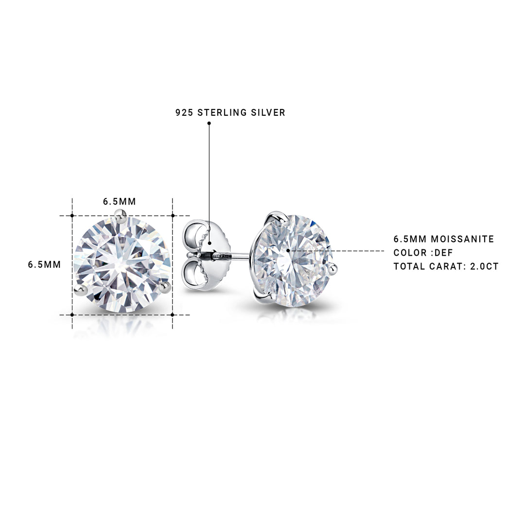 925 Sterling Silver 2.0 Cttw 6.5mm Round DEF Color Moissanite Martini Studs, Three Prong Studs, Martini Studs, Lab Created Moissanite Martini Studs