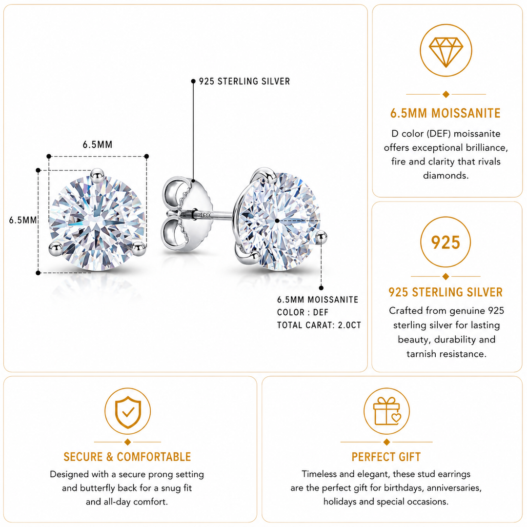 925 Sterling Silver 2.0 Cttw 6.5mm Round DEF Color Moissanite Martini Studs, Three Prong Studs, Martini Studs, Lab Created Moissanite Martini Studs