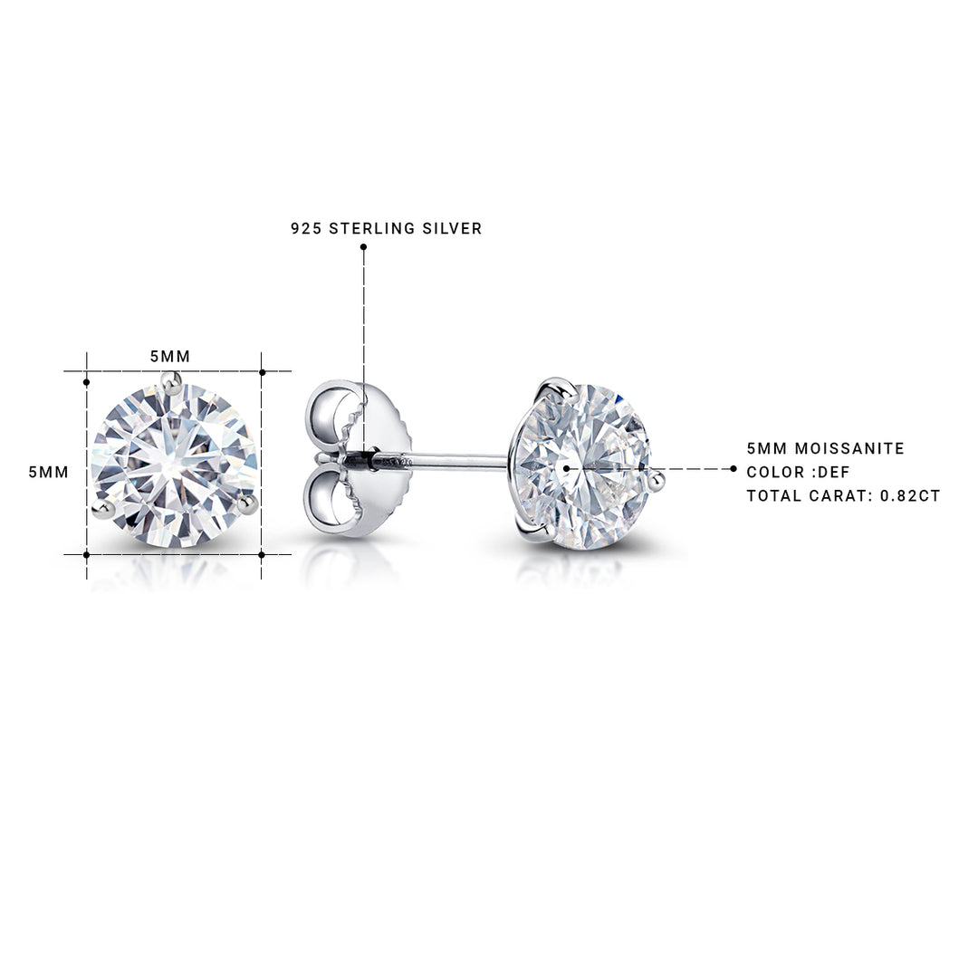 925 Sterling Silver 5mm Round 0.82Cttw DEF Color Moissanite Martini Studs, Three Prong Martini Studs, Martini Studs, 5mm Round Created Moissanite Martini Studs