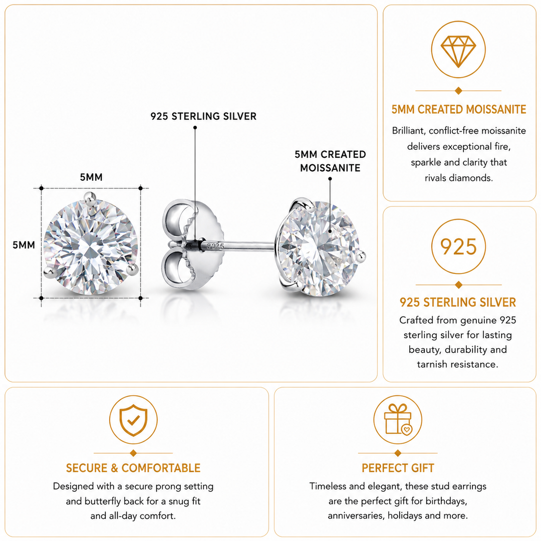 925 Sterling Silver 5mm Round 0.82Cttw DEF Color Moissanite Martini Studs, Three Prong Martini Studs, Martini Studs, 5mm Round Created Moissanite Martini Studs