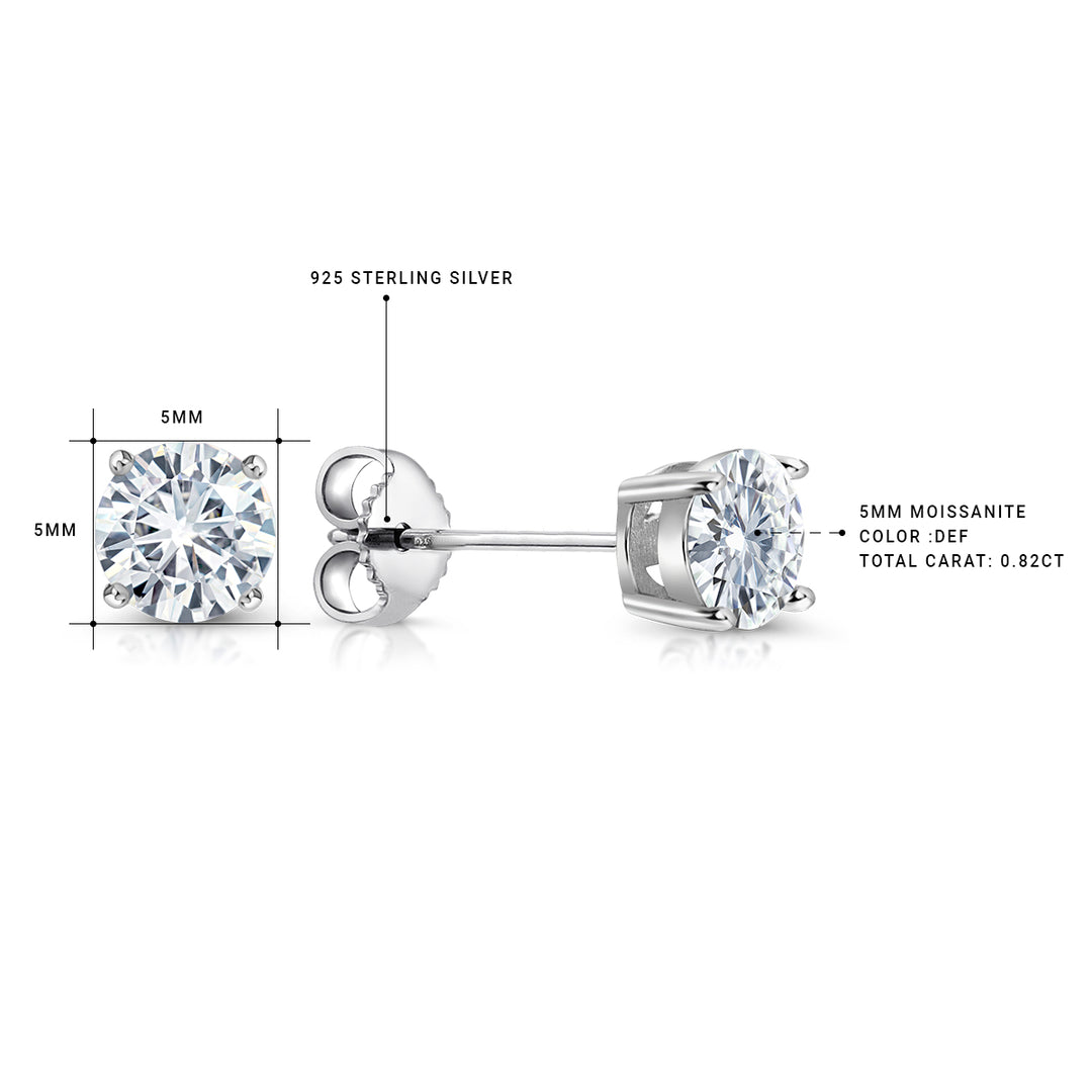 925 Sterling Silver 5mm Round 0.82Cttw DEF Color Moissanite Studs,  Lab Created Moissanite Studs, Moissanite Basket Setting Studs, Friction Back Studs
