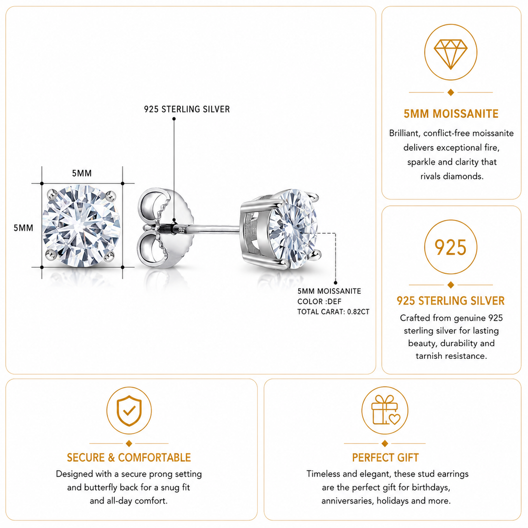 925 Sterling Silver 5mm Round 0.82Cttw DEF Color Moissanite Studs,  Lab Created Moissanite Studs, Moissanite Basket Setting Studs, Friction Back Studs