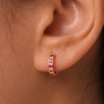 Load image into Gallery viewer, 14K Solid Yellow Gold Cz And Created Ruby Huggiess, Gold Huggies, Simulated Ruby And Cz Huggies, Ruby And Cz Huggies, Cz Huggies, Created Ruby Huggies, Circle Huggies, Classic Huggies