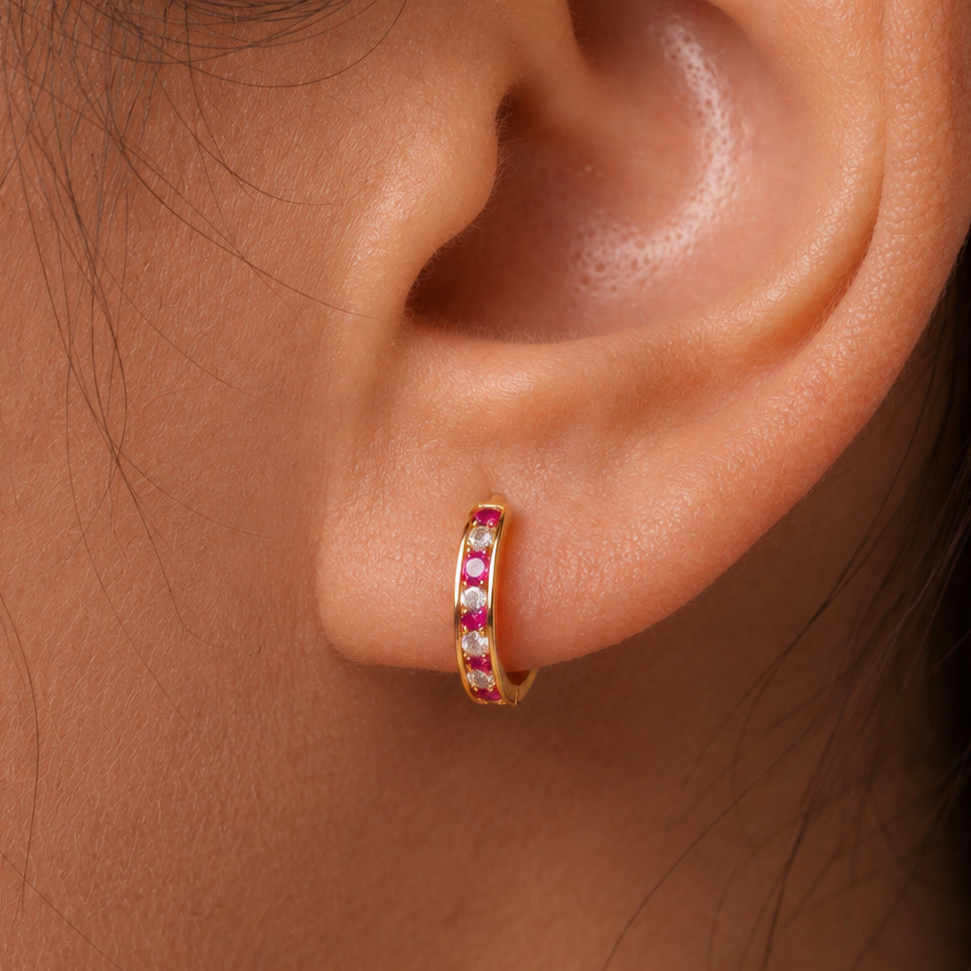 14K Solid Yellow Gold Cz And Created Ruby Huggiess, Gold Huggies, Simulated Ruby And Cz Huggies, Ruby And Cz Huggies, Cz Huggies, Created Ruby Huggies, Circle Huggies, Classic Huggies