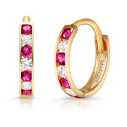 14K Solid Yellow Gold Cz And Created Ruby Huggiess, Gold Huggies, Simulated Ruby And Cz Huggies, Ruby And Cz Huggies, Cz Huggies, Created Ruby Huggies, Circle Huggies, Classic Huggies