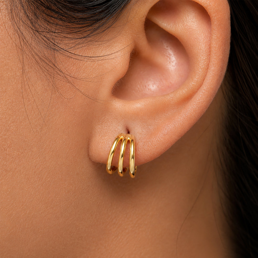 14k Gold Plated & 925 Sterling Silver Triple Hoop Earrings for Women, Small Chunky Cuff Studs, Hypoallergenic Minimalist Layered Look Jewelry for Everyday Wear