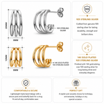 Load image into Gallery viewer, 14k Gold Plated &amp; 925 Sterling Silver Triple Hoop Earrings for Women, Small Chunky Cuff Studs, Hypoallergenic Minimalist Layered Look Jewelry for Everyday Wear
