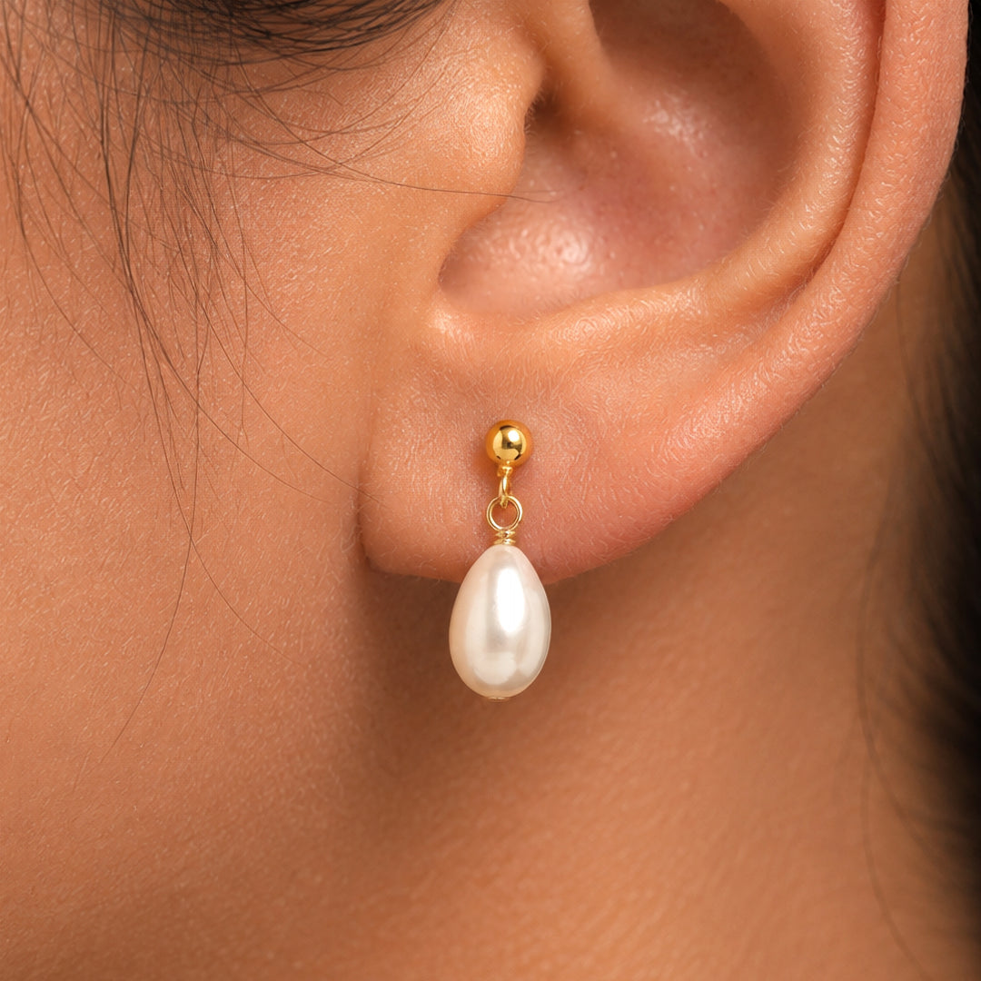925 Sterling Silver Pearl Drop Stud Earrings, Gold Pleated Pearl Earrings, Fresh Water Pearl Drop Earrings, Pearl Drop Earrings, Friction Back Dangle Earrings, Hypoallergenic Earrings