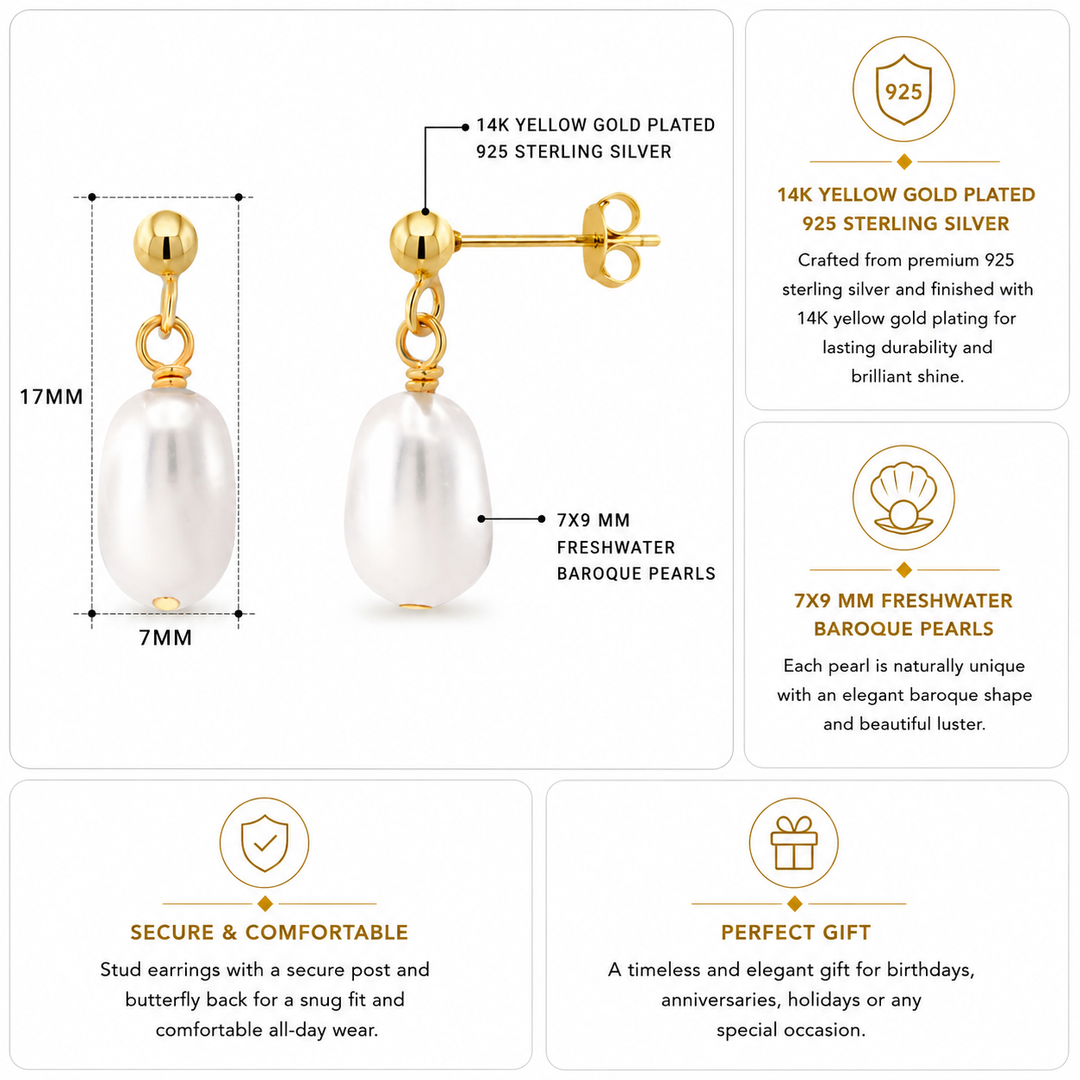 925 Sterling Silver Pearl Drop Stud Earrings, Gold Pleated Pearl Earrings, Fresh Water Pearl Drop Earrings, Pearl Drop Earrings, Friction Back Dangle Earrings, Hypoallergenic Earrings