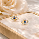 Load image into Gallery viewer, 925 Sterling Silver With Gold Plated Evil Eye Studs, Gold Plated Evil Eye Studs, Evil Eye Studs, Dainty Evil Eye Studs, Cz And Simulated Sapphire Evil Eye Studs, Tiny Studs, Hypoallergenic Studs