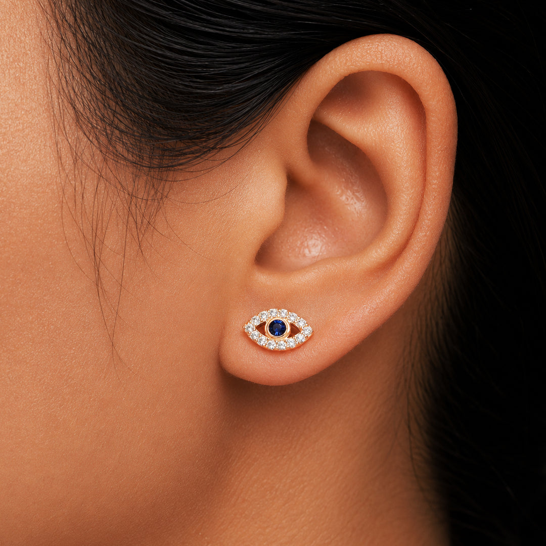 925 Sterling Silver With Gold Plated Evil Eye Studs, Gold Plated Evil Eye Studs, Evil Eye Studs, Dainty Evil Eye Studs, Cz And Simulated Sapphire Evil Eye Studs, Tiny Studs, Hypoallergenic Studs
