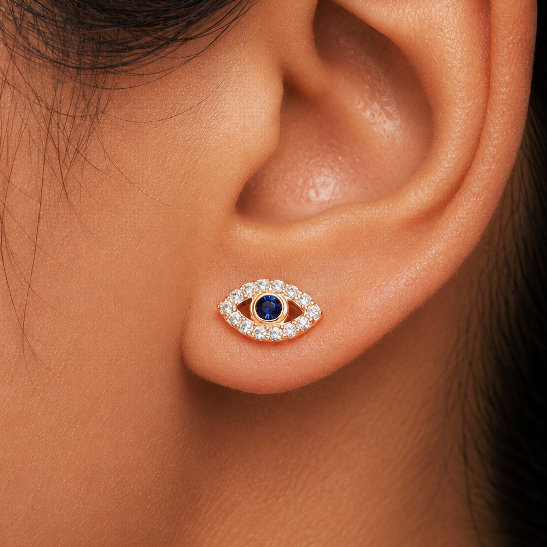 925 Sterling Silver With Gold Plated Evil Eye Studs, Gold Plated Evil Eye Studs, Evil Eye Studs, Dainty Evil Eye Studs, Cz And Simulated Sapphire Evil Eye Studs, Tiny Studs, Hypoallergenic Studs