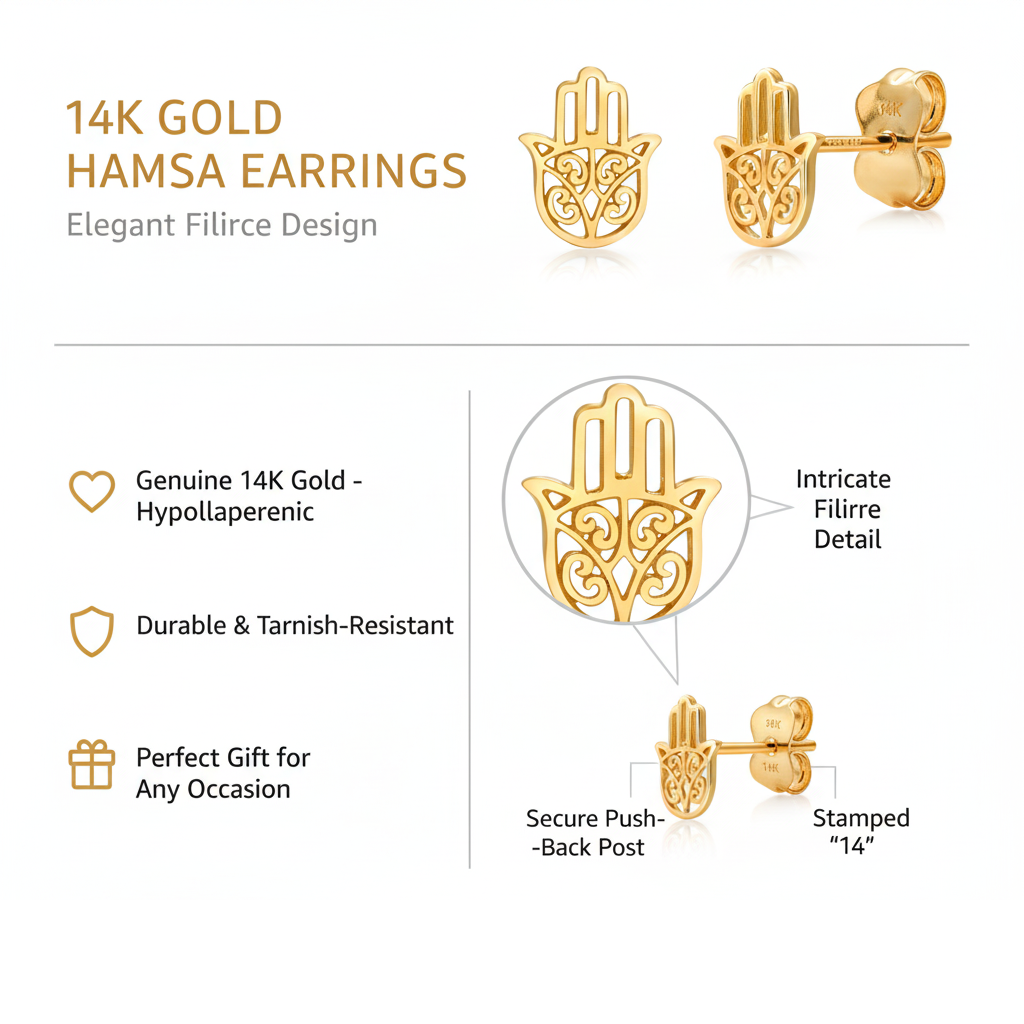 14K Solid Yellow Gold Hamsa Studs Earrings, Gold Hamas Studs, Tiny Hamas Studs, Dainty Hamas Studs, Solid Gold Studs