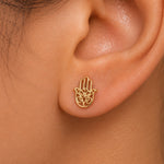 Load image into Gallery viewer, 14K Solid Yellow Gold Hamsa Studs Earrings, Gold Hamas Studs, Tiny Hamas Studs, Dainty Hamas Studs, Solid Gold Studs